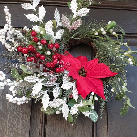 Christmas Handmade Red Flower Silver Wreath Home Office Decor Door Wall Hanger - Picture 2 of 8
